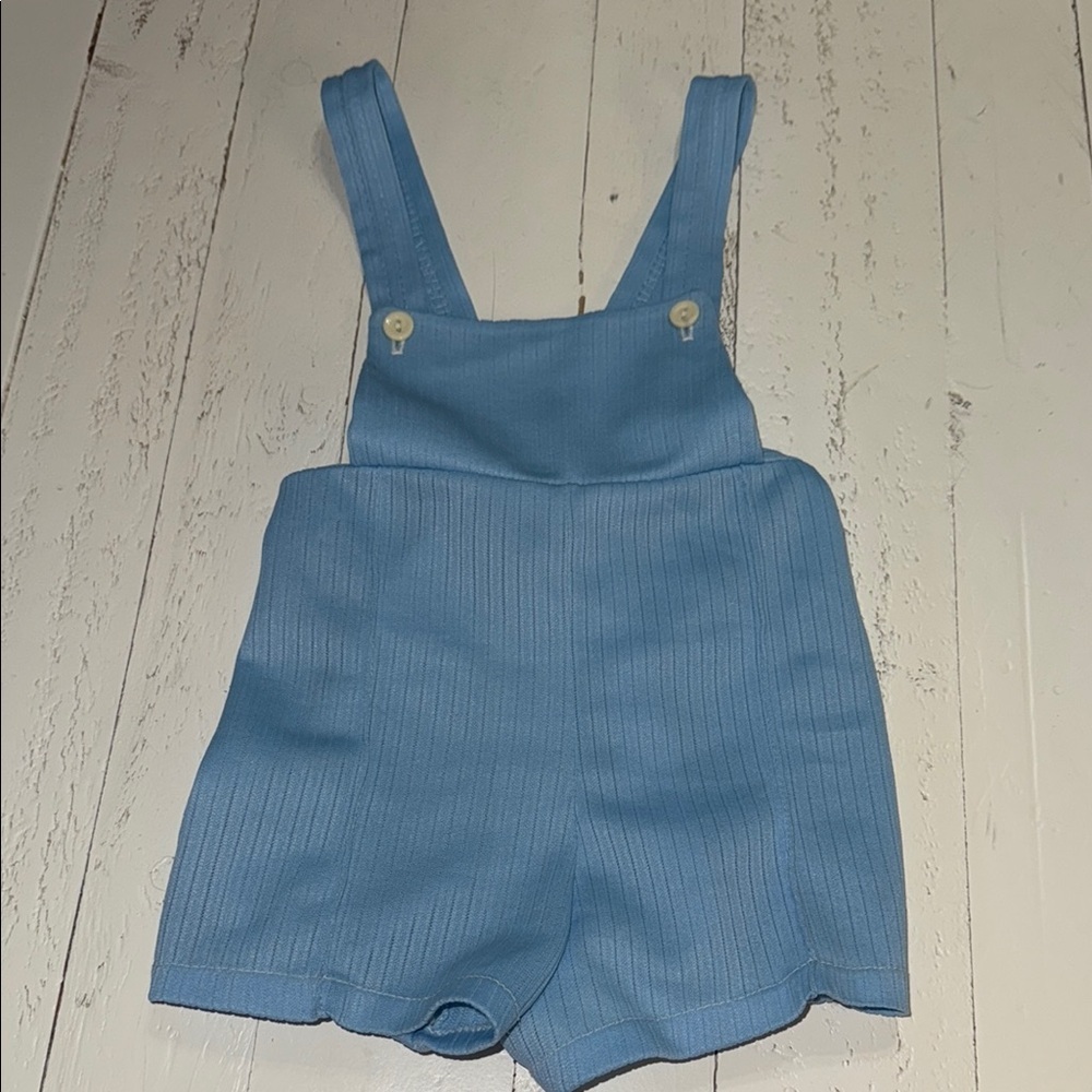 🧡6/9m 1960s Vintage boys Bib Blue ribbed short Overall romper
